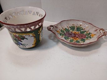 Two Italian Pottery Pieces, Bowl And Flower Pot, Floral Patterns, Repairs On Bowl, See Pics