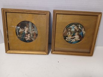 Two Small Framed Religious Art Works, Madonna And Child Depictions, Gold Leaf, 6.5in X 6.5in, See Pics