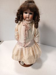 Vintage Soft Bodied Porcelain Face, Pretty Hand Sewn Dress, Cream And Pink Dress, See Pics
