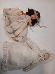 Lot Of Two Small Vintage Dolls, Porcelain Baby And Tiny Celluloid Doll With Opening And Closing Eyes, See Pics