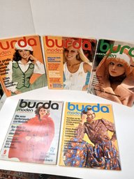 Lot Of 5 Vintage West German Burda Fashion Magazines, Includes Clothing Patterns Inside, See Pics