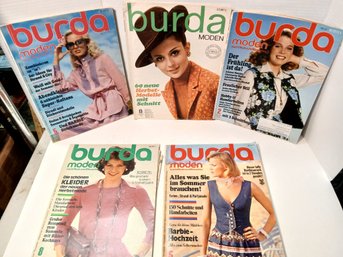 Lot Of 5 Vintage West German Burda Fashion Magazines, Includes Clothing Patterns Inside, See Pics