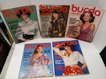 Lot Of 5 Vintage West German Burda Fashion Magazines, Includes Clothing Patterns Inside, See Pics
