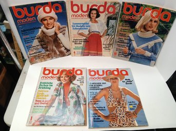 Lot Of 5 Vintage West German Burda Fashion Magazines, Includes Clothing Patterns Inside, See Pics