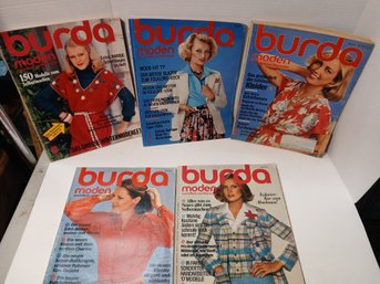 Lot Of 5 Vintage West German Burda Fashion Magazines, Includes Clothing Patterns Inside, See Pics
