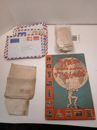 Large Lot Of Air Mail Envelopes, 1940's, Raleigh Cigarette Coupons, And An Atlas Of The World, Stamp Album