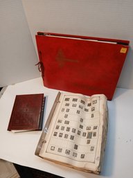Large Red Photograph Album Filled With Stamps, A Mini Album And Large Damaged Binder With Stamps