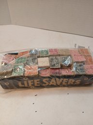 Vintage Lifesaver Box Filled With Tiny Bundles Of Canceled Stamps Tied With String, Super Cute