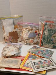 4 Bags Of Stamps, Used And Unused, Commemorative Packets,