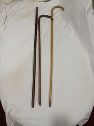 2 Antique Walking Canes &  1 Stick , Variety Of Wood And Metals - 35'  & 31'