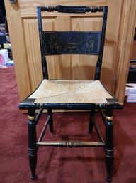 Attractive Black/gold Stenciled Chair With Woven Rush Seat - Similiar To Vtg Hitchcock Harvest -no Mark