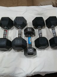 5 Hand Weights- , 2- 25#, 2 - 20#, And 1 -15 Lbs