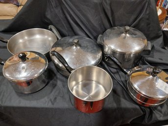 6 Farberware Pots & Pans & Lids - Inc Double Boiler - Stainless Steel