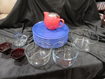 Lot - Glass Handblown Pitcher, Ruby Red Collection Candle Holders, Herbal Tea Pot, Anchor Hocking Bowls, Plate