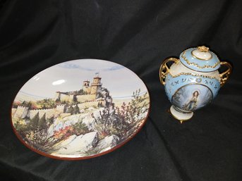 Decorative Glassware Lot: Visions Of Mary Music Box Vase # A2085, Plate - Castle