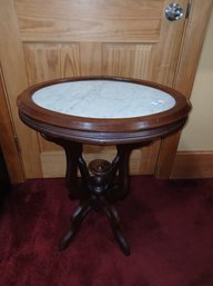 Small Oval Marble And Wood End Table - Ornate  28' Tall & 22'x18'