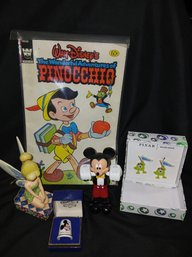 Disney Collectible Lot  -  Comic Book, Figurines, Thimble & Pair Of Earrings