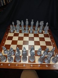 Awesome Chess Set  - Wooden Inlaid Two Tone Board - And Two Different Toned Pewter Pieces
