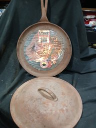 Lodge Cast Iron  Flat Frying Pan 10' Diameter  Has Lid  90G  Needs Seasoning