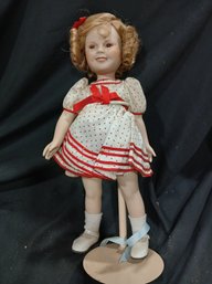 Antique Shirley Temple Doll/Stand -Bisque Head, Legs, Arms, Original Clothing,Painted Face, Hair, Approx 14'