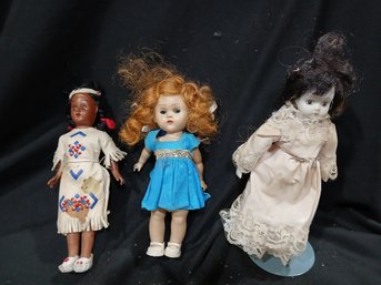 Antique Dolls (3), 2 Rolling Eyes, Indian W/ Leather Beaded Dress Ginny By Vogue-Plastic Porcelain W/stand