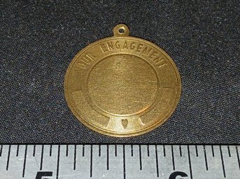 Gold:   Marked 14k -Circular Pendant 'Our Engagement'  - 2.7g, 0.085ozt,  1.7DWT