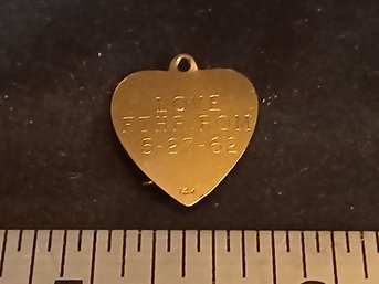 Gold:  Marked 14k -Heart Shaped Pendant- Inscribed 'love Fthr.ROM 5-27-62' - 1.3g, 0.045ozt, 0.9DWT