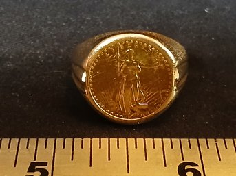 Gold: Size 10 14K Men's Ring With $5 St. Gauden's 22K Coin In Ring