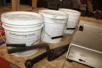 3 Buckets Of Acrylic Coating And 2 Shingle Cutters