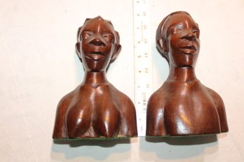 Hand-carved African Male And Female Bust Sculptures From Ironwood Or Ebony, 7in,