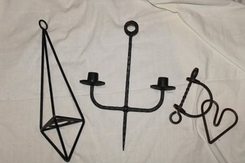 3 Hand Crafted Wrought Iron, 2  Candle Holders, 1 Toy Puzzle