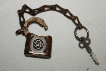 Rare Yale & Towne Trunk Brass Padlock & Original Key & Chain. 19th-20th Century- Railroad Collectible