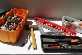 Misc Tool Lot Lg Pipe Wrench, Sledge, Tool Box With Tools