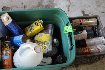 2 Bins Of Misc Paint Items Spray Paint, Paint Remover, Turpentine, Patch Seal
