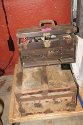 Antique Machinist Toolbox With Some Tools, And Antique Trunk