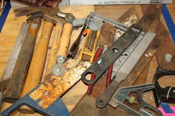 Misc Lot Of Hand Tools Saws, Hammers, Tsquare, Tool Bag