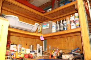 Misc Paint Brushes, Paints, Rollers, 3 Shelves