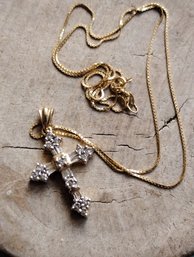 14k Gold Diamond Cross And Box Chain 3.67 Grams 17 Inch Chain