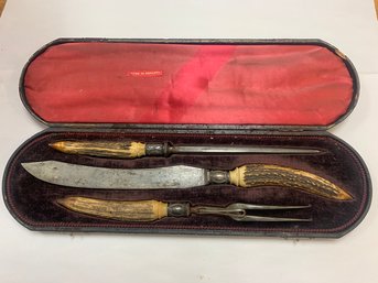 SHEFFIELD 3 PIECE CARVING SET STAGHORN BONE HANDLES