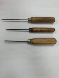 3 ICE PICKS ADVERTISING WOOD HANDLES