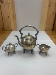 3 PIECE TEA SET SILVER ON COPPER
