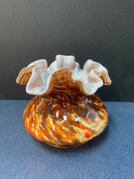 VINTAGE FENTON VASA MURRHINA AUTUME ORANGE GLASS VASE, RUFFLED RIM  4'H