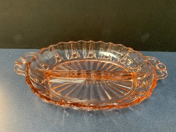 VINTAGE ANCHOR HOCKING PINK DIVIDED DEPRESSION GLASS DISH  12.5' X 7.5'