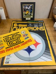 PITTSBURGH STEELERS SUPER BOWL BANNER/TERRIBLE TOWEL/JEROME BETTIS PICTURE
