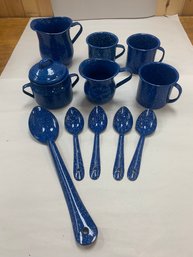 SET OF 11 BLUE SPECKLED ENAMEL WARE