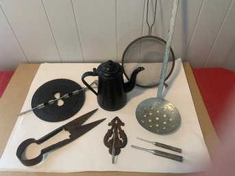 MISCELLANEOUS  LOT OF TIN, ENAMEL, CAST IRON