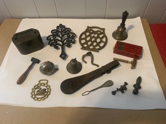 BRASS BANK, VALET RAZOR IN ORIGINAL BOX, GUN POWDER FILLERFOR OLD GUN, TRIVITS, HORSE STRAP, BELLS