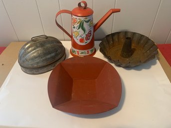 PAINTED METAL WATER CAN, MOLDS, ECT.