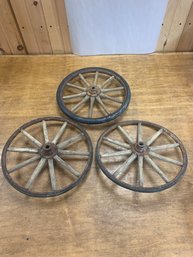 LOT OF 3 WAGON WHEELS WITH RUBBER