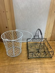 PAIR OF METAL BASKETS ( 1 HAS GLASS BOTTOM)